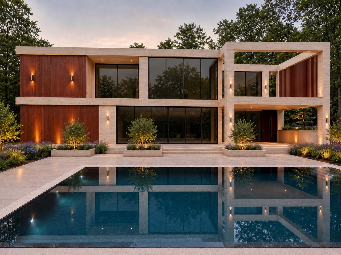 Full rear elevation showing the brown slatted side-return screen beneath the upper deck's diagonal beam and the reflecting pool at 23 Church Street.